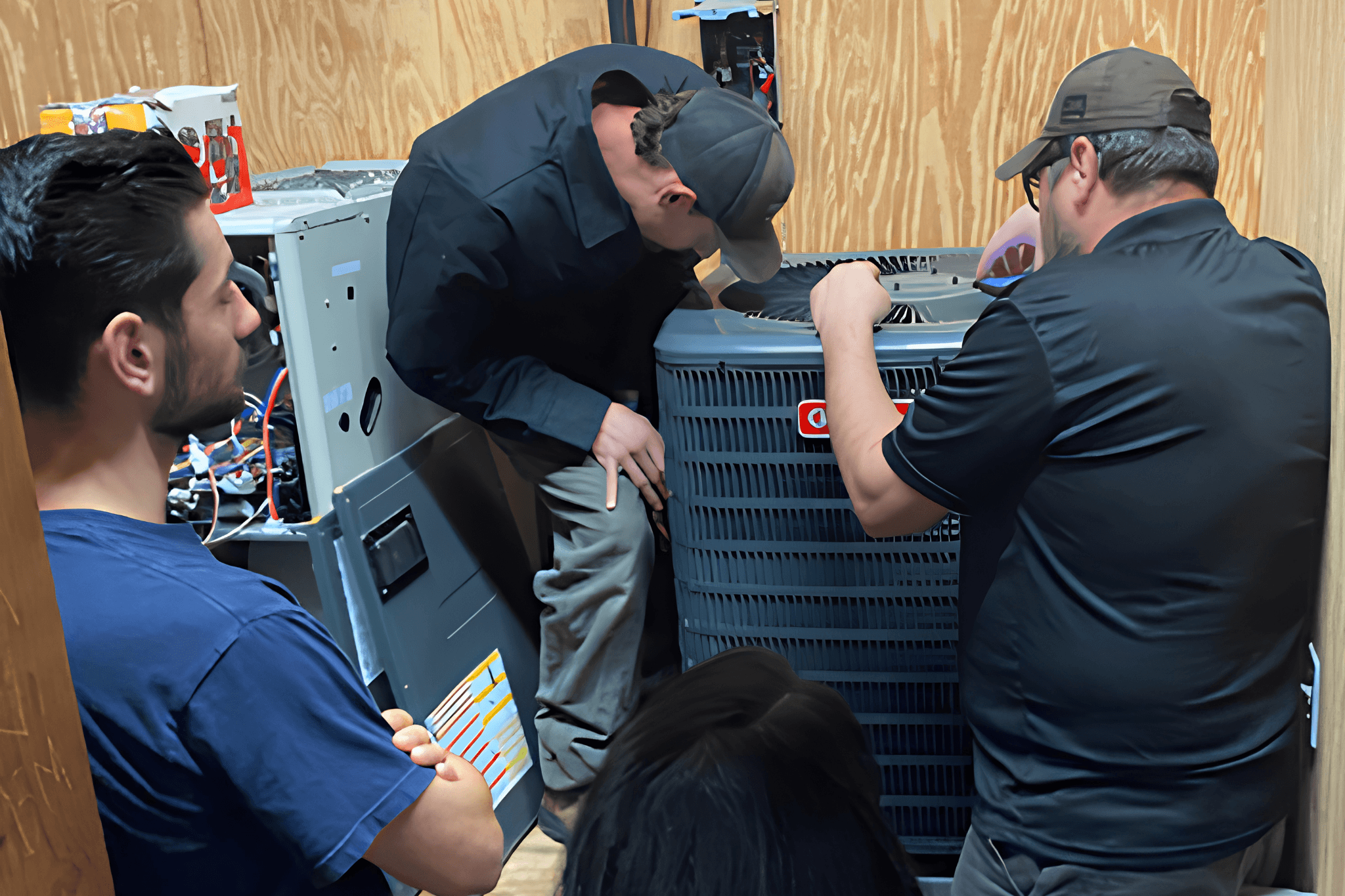 HVAC students working hands-on with tools on a cooling unit during a PHCC Academy training session